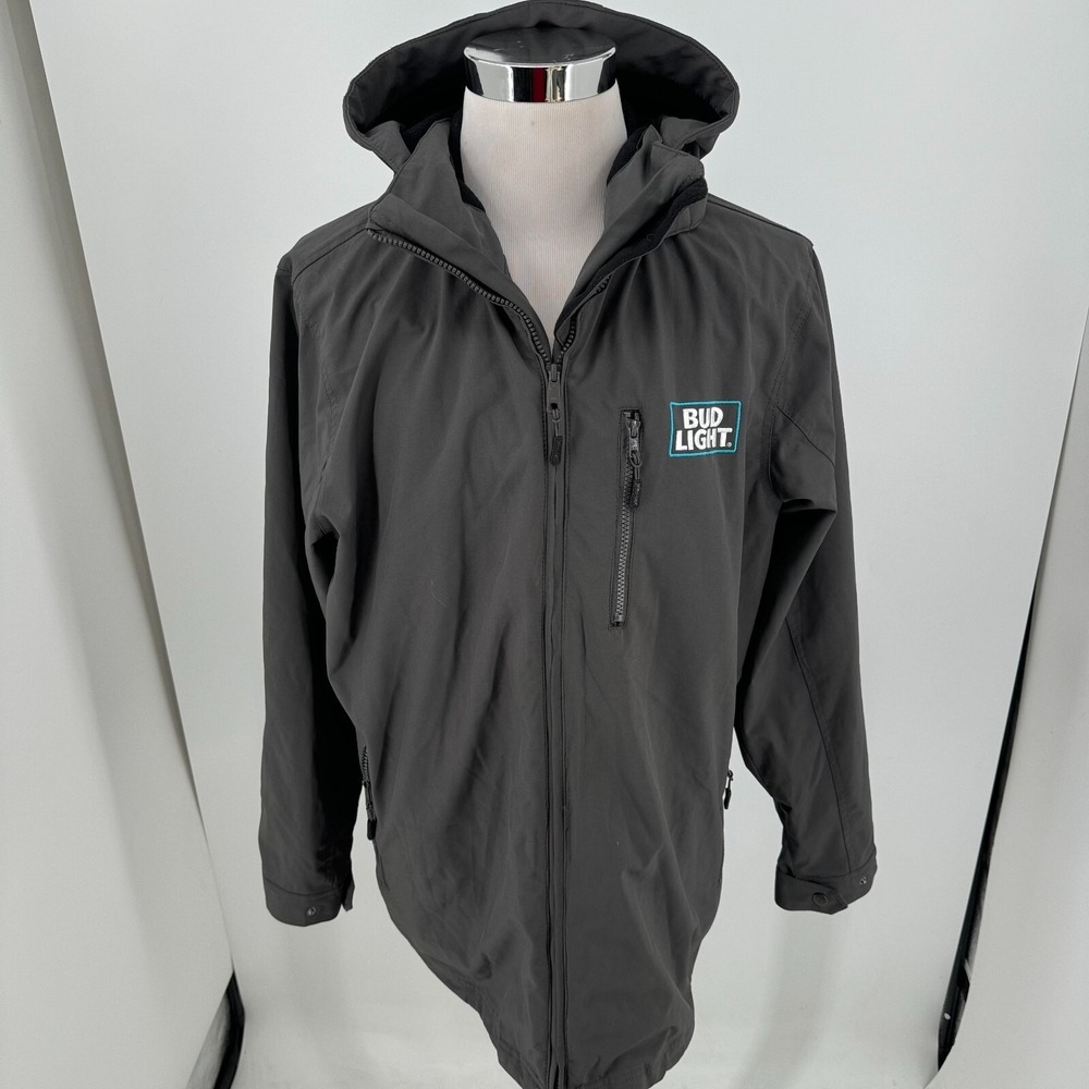 Bud Light Budweiser Beer Jacket MENS Gray Full Zip Logos Removable Hood Coat L